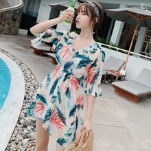 Стиль сексуальный купальник черный купальные костюмы v-neck печати большой лист одежда заплыва костюм Лето Flouncing Natatorium для женщин