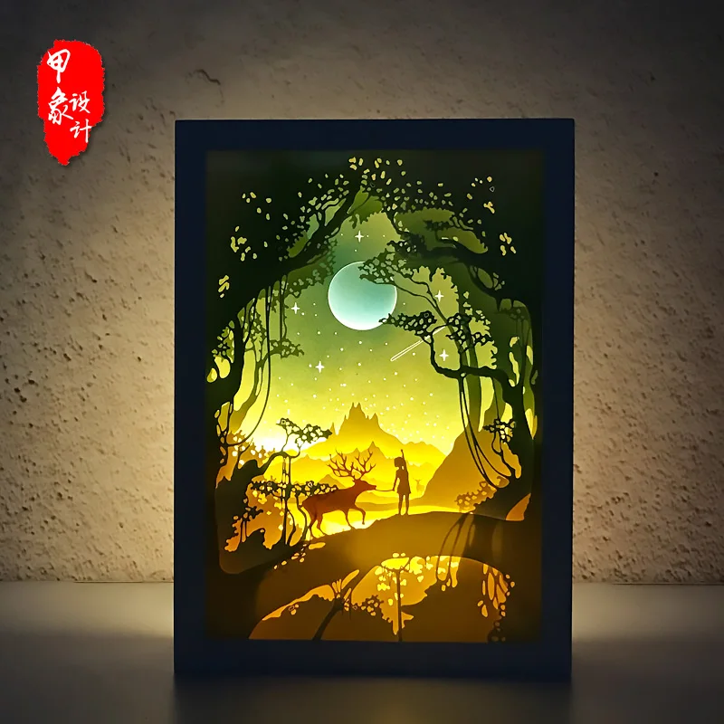 

Deer light shadow paper carved lights, diy creative remote control small night lamp 3d room or table lighting, birthday gifts