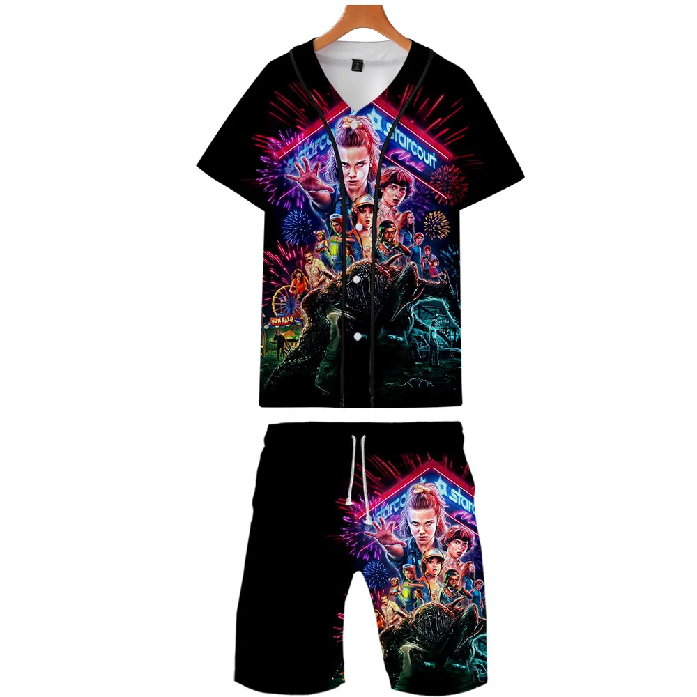 Комплект из двух предметов с 3D принтом, модные летние бейсбольные футболки + пляжные шорты 2019 г. Хит продаж, Повседневная Уличная одежда