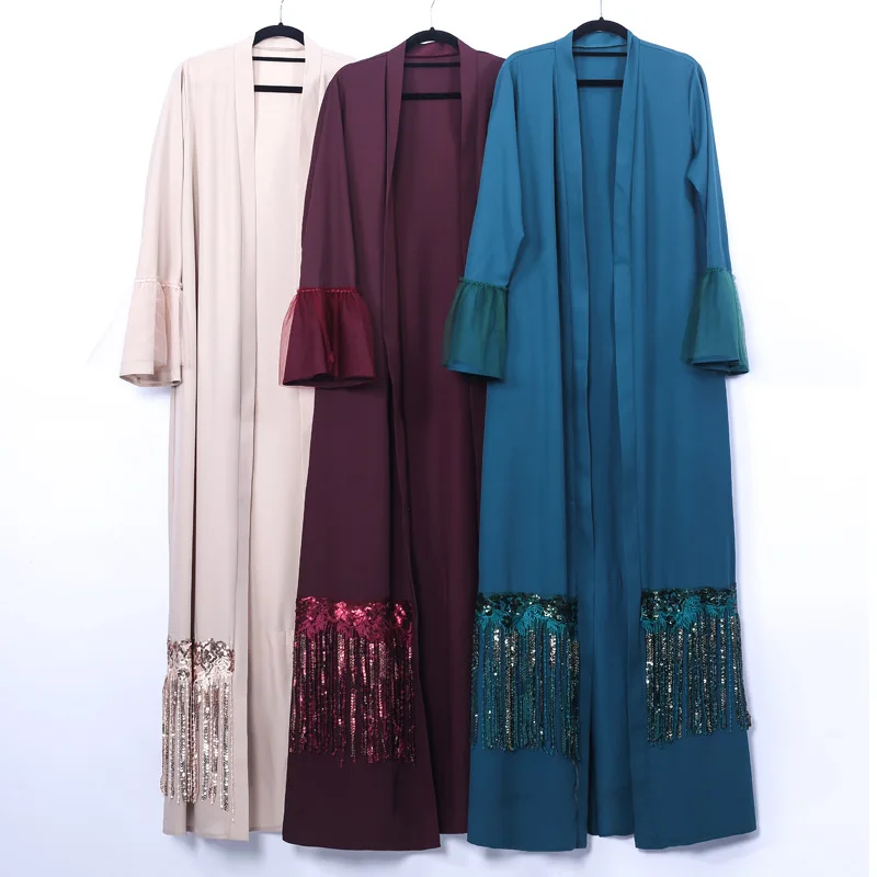 

2019 New Muslim Sequins Abaya Tassels Full Dress Formal Chiffon Cardigan Kimono Long Robe Gowns Middle East Eid Ramadan Islamic