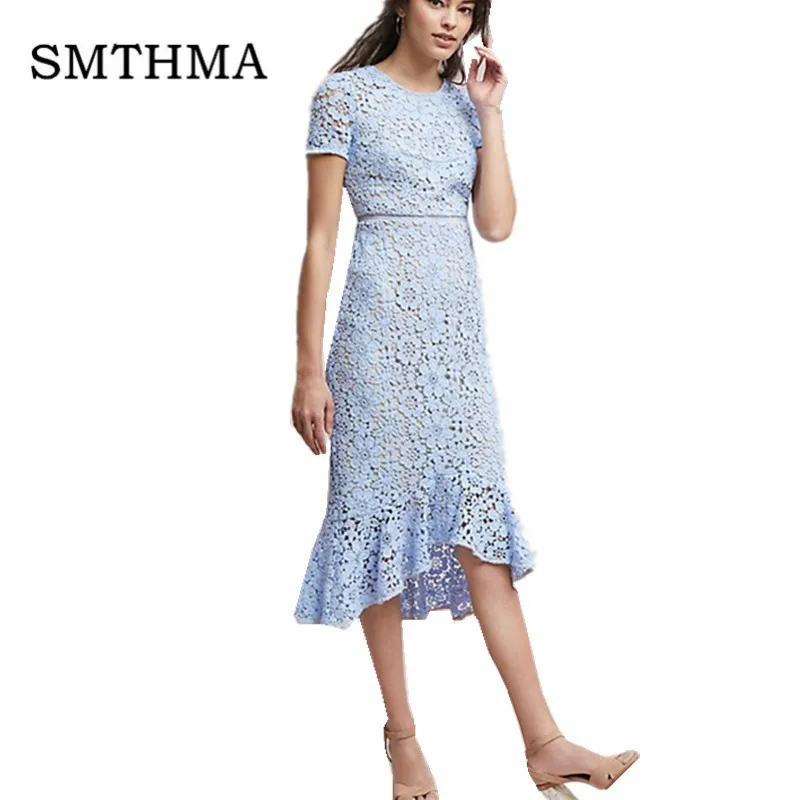 Женское платье-русалка SMTHMA, кружевное голубое платье с короткими рукавами и О-образным вырезом, лето - Цвет: Photo Color