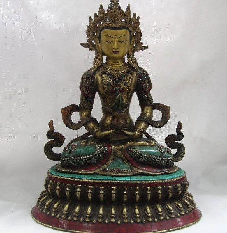 

Tibet Copper Gild inlay Red coral Turquoise Gem Amitayus Longevity Buddha Statue