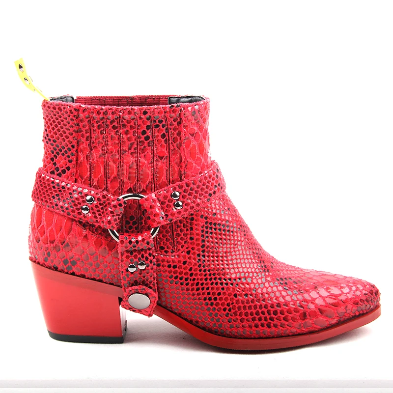 

Fashion Snake Skin Pointy Toe Women Ankle Boots Python Print Chunky Heel Martin Boots Grey Red Botas Mujer Slip On Cowboy boots