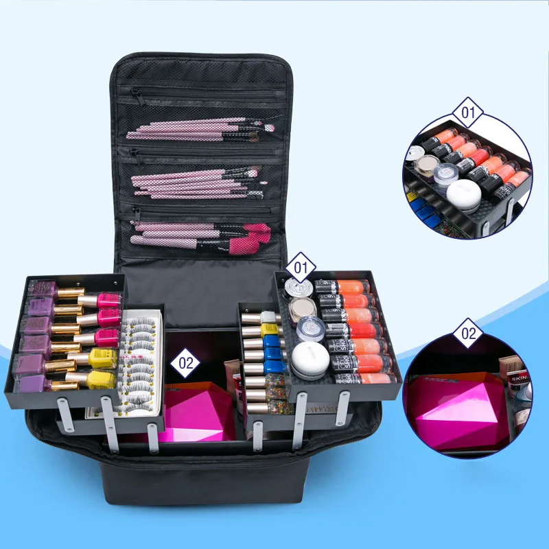 

Women Fashion Makeup Organizer Box Large Capacity Travel Professional Portable Cosmetic Bag Ladies Suitcase Layers Storage Case