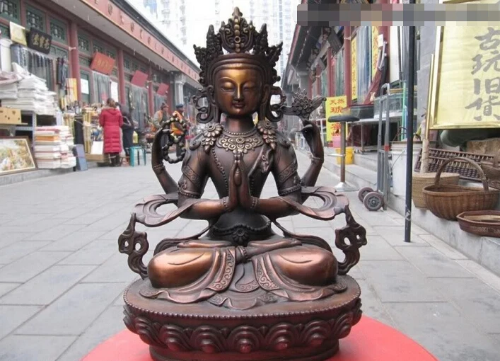 

150624 S1852 Tibet Buddhism Red Bronze Four armed Avalokitesvara Kwan-Yin Guan Yin statuary