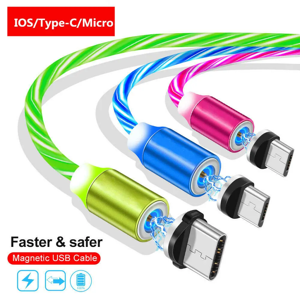 

360° LED Flowing Light Up Magnetic Type-C Micro USB Charging Charger Cable For iPhone For samsung For Huawei