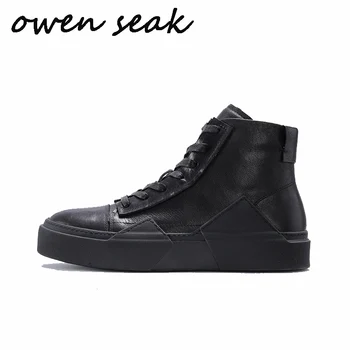 

Owen Seak Men Fashion Boots High Ankle Luxury Trainers Cow Leather Winter Boots Zip Men Casual Male Sneaker Flats Black Shoes