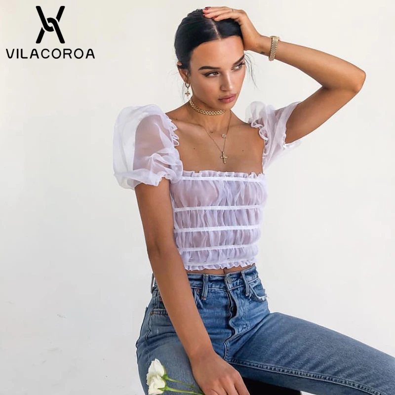 

Summer White Square Neck Mesh Ruffle Puff Sleeve T Shirt Women Fashion Sexy Pleated Short Crop Top Streetwear camiseta mujer