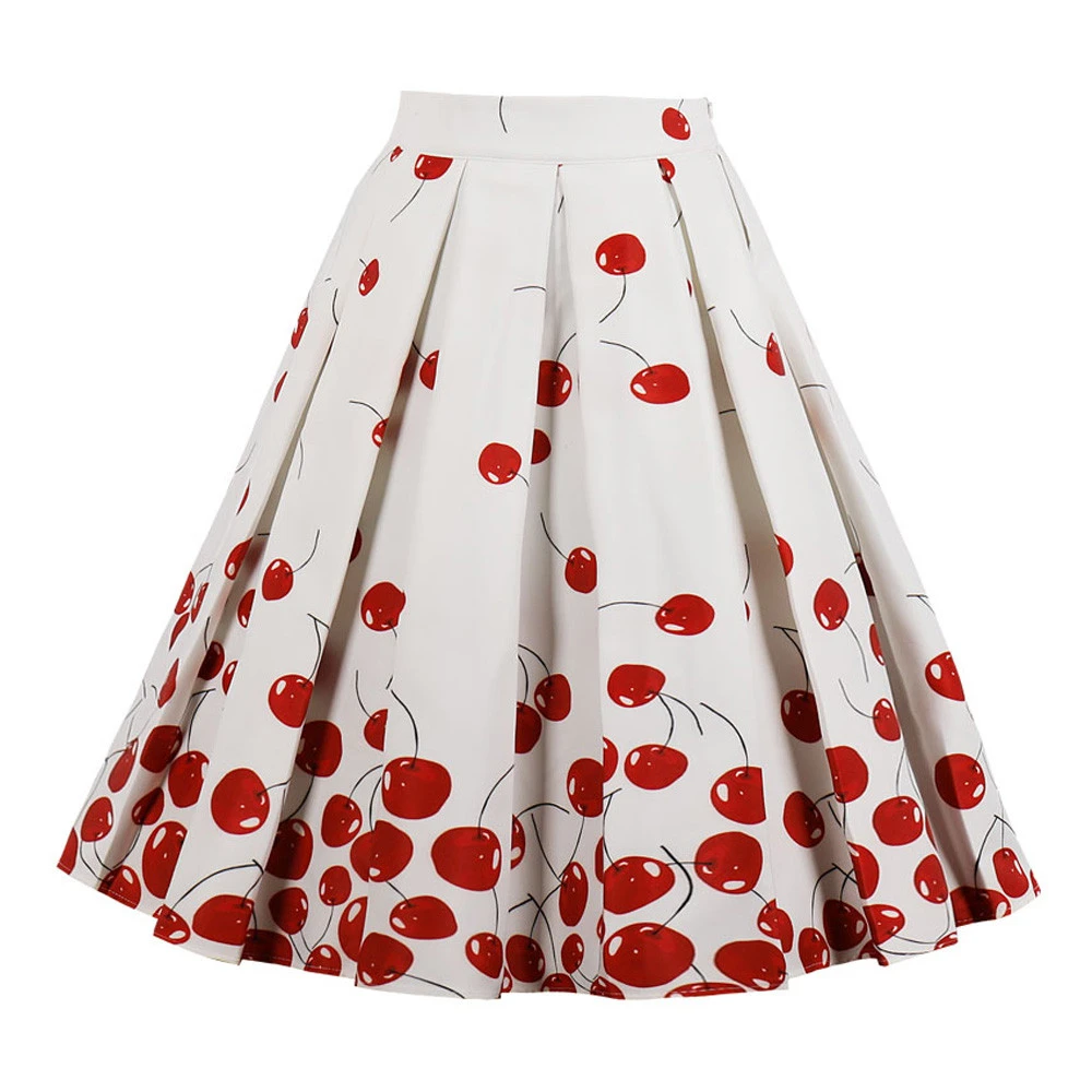 

Joineles Cherry Print Summer Women Skirts Zipper Side Casual Skirts Plus Size Feminino Skirts Audrey Hepburn Party Vintage Skirt
