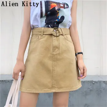

Alien Kitty Korea 2019 Summer High Waist Female Stylish Sashes Pockets Loose Fresh Casual A-Line Plus Denim Mini Skirt 5 Colors