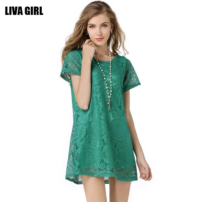 

2017 women Kaleidoscope style Swing DRESS Short sleeve Hollow Lace Dress