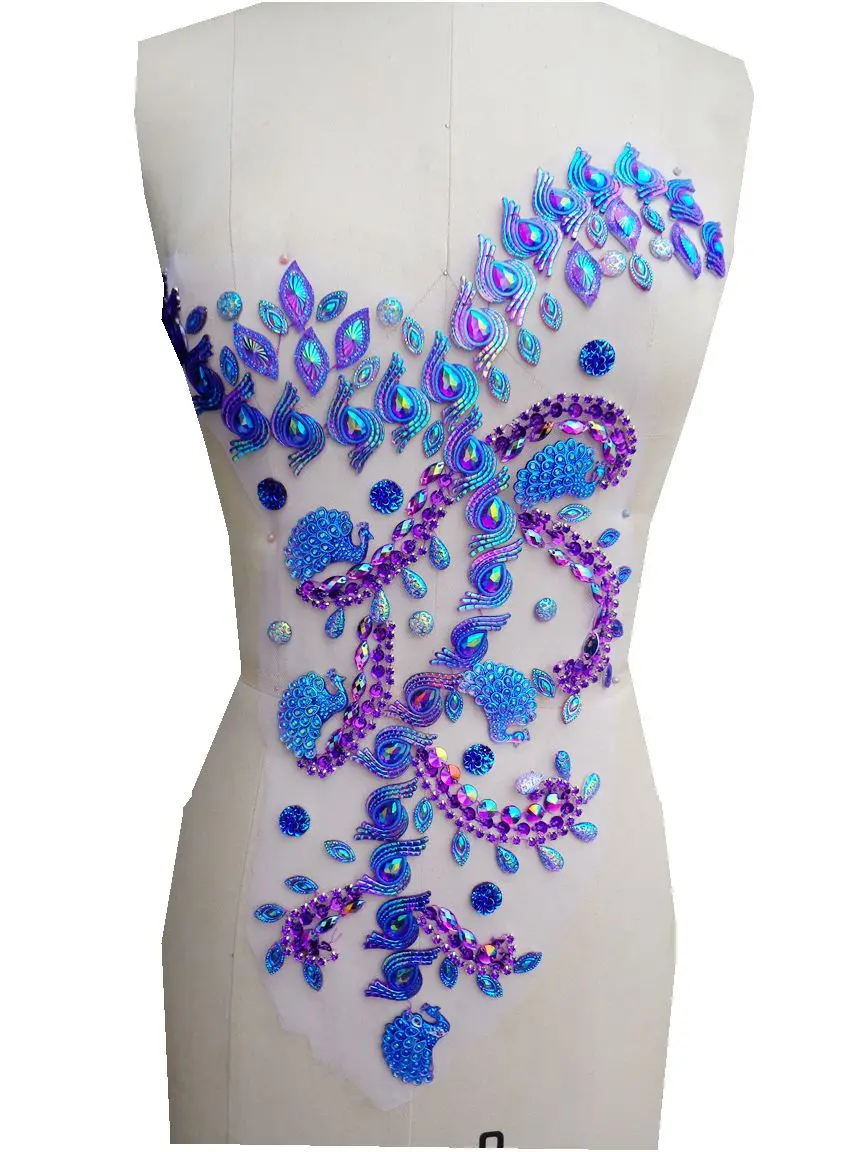 Sew on rhinestones applique on mesh handmade purple crystals/beads/gem