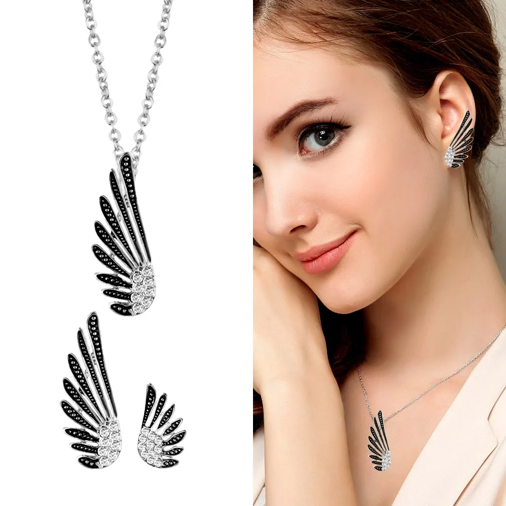 

SINLEERY Vintage Women Jewelry Set Antique Silver Color Angel Wing Necklace Earrings Set TZ450 SSA