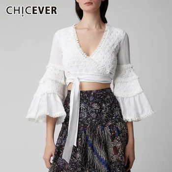 

CHICEVER Summer Elegant White Women' Blouse V Neck Embroidery Tassel Flare Sleeve Bandage Bow Slim Short Female Top Clothing New