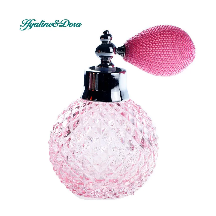 

110ML Pink Unique Glass Crystal Women Refillable Perfume Bottle Pink Mesh Atomizer Bulb Short Spray Scented Fragrance Atomizer