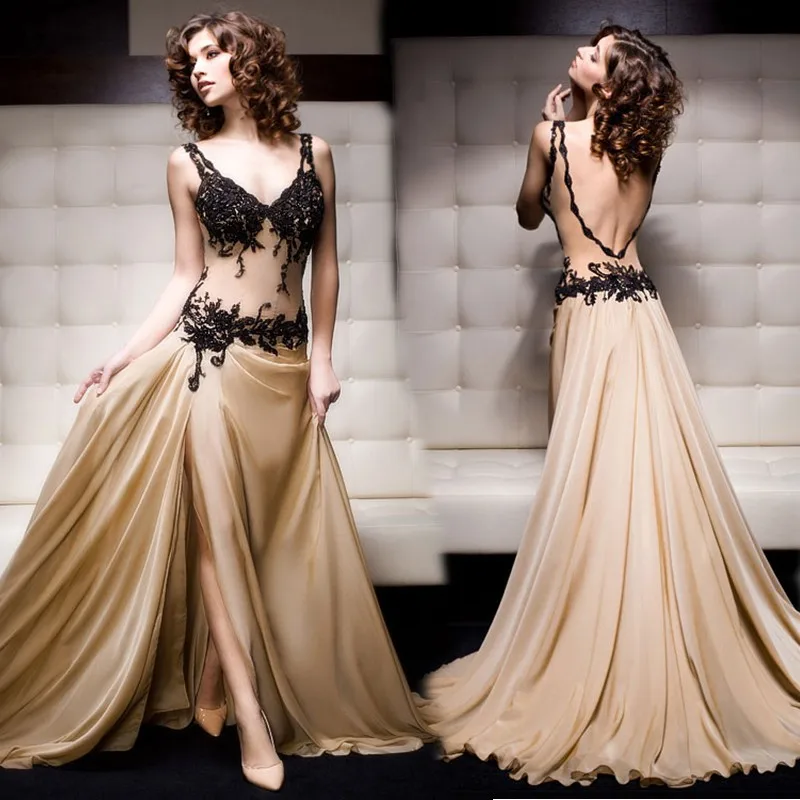 Charming-Front-Side-Slit-Long-Party-Prom-Dresses-Sheer-nude-Tulle-Black-Appliques-Bolero-and-open