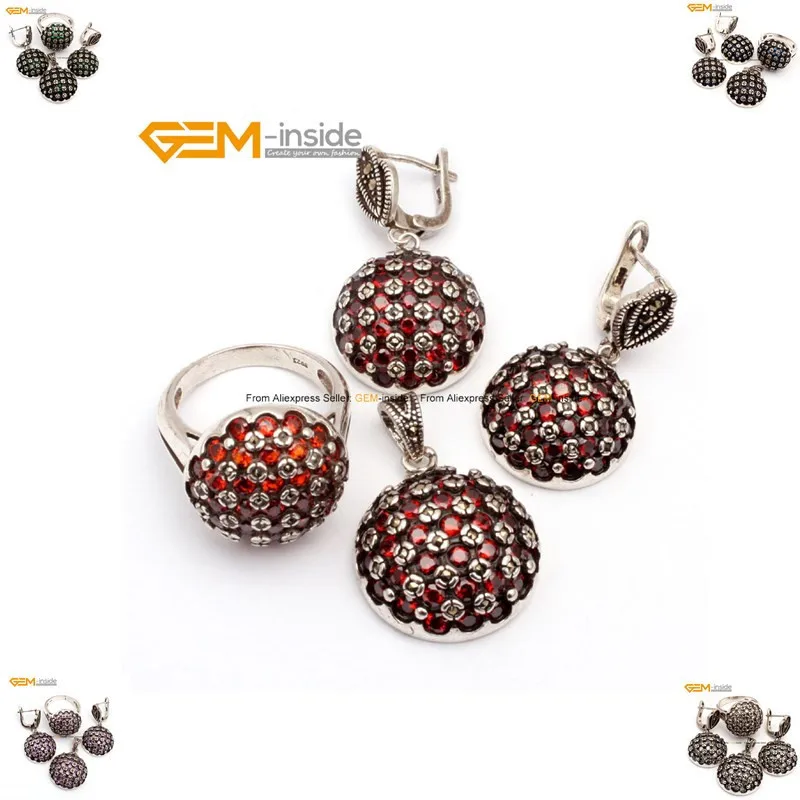 

Round Beads Jewelry Sets Ball Antiqued Silver Ring Earrings Pendant Jewellery Sets Glass Free Shipping Wholesale Gem
