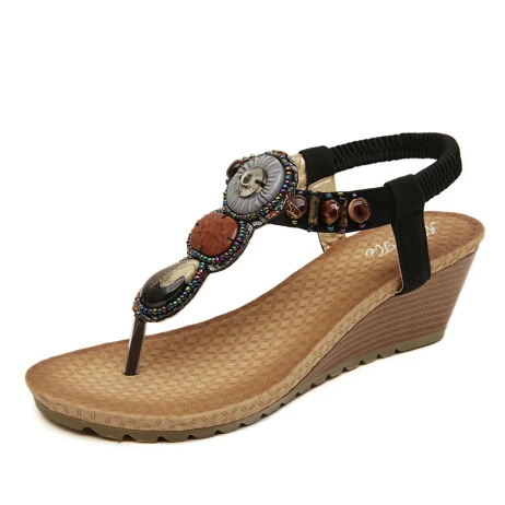 GOXPACER/новинка года; Женская обувь в богемном стиле; Туфли на танкетке; летние сандалии-ловушки на лодыжке; туфли ручной работы с бисером; женская обувь; большие размеры 35-40 - Цвет: Черный