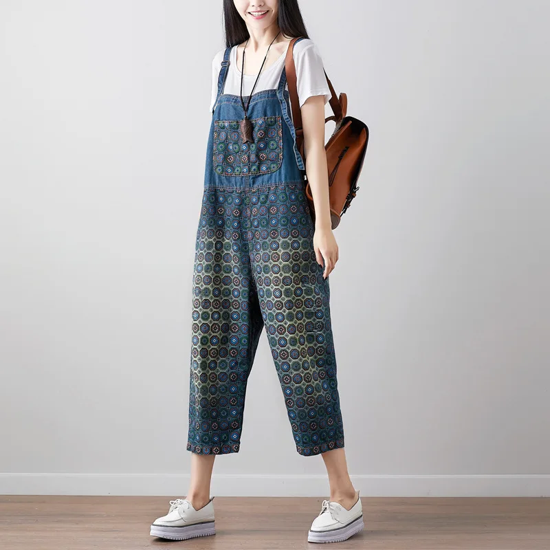 

Women Print Denim Jumpsuits Plus size Boyfriend Bib Overalls Baggy Calf Length Jeans Rompers Wide Leg Suspenders Pants YT174