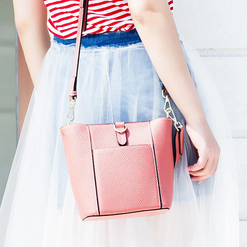 

Kajie New Summer Genuine Leather Pink Bucket Bags Girls Handbag Small Crossbody Bag Natural Real Leather Women Messenger Bag