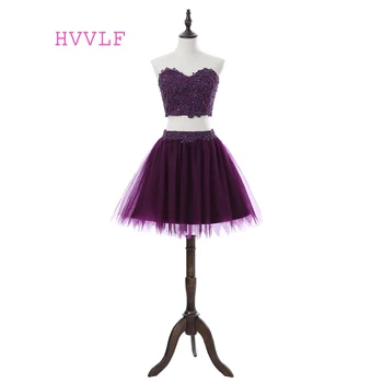 

Purple 2019 Homecoming Dresses A-line Sweetheart Two Pieces Short Mini Appliques Lace Beaded Elegant Cocktail Dresses