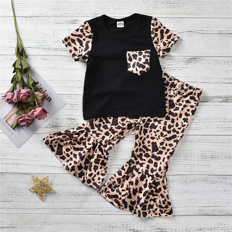 Toddler Baby Girl Kids T-shirt+Wide Leg Flared Bell Bottom Trousers Outfits Set