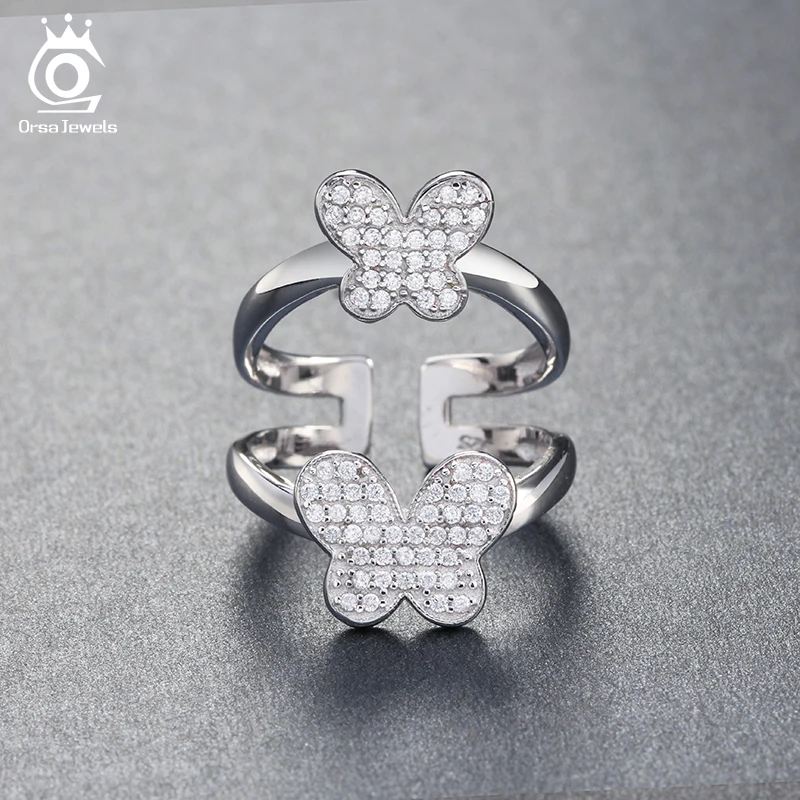 

ORSA JEWELS Girls Rings 70 PCS AAA Cubic Zirconia Prong Setting Double Lovely Butterfly Shaped Silver Ring For Party AOR63