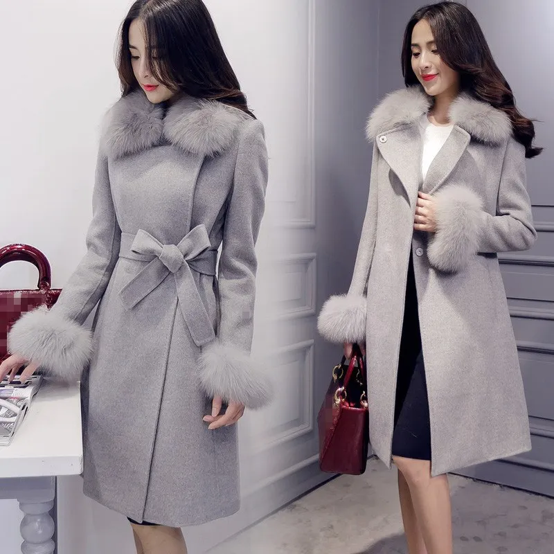 Новинка, осенне-зимнее женское модное тонкое плотное теплое пальто с меховым воротником, Элегантное длинное шерстяное пальто с поясом, 3 цвета