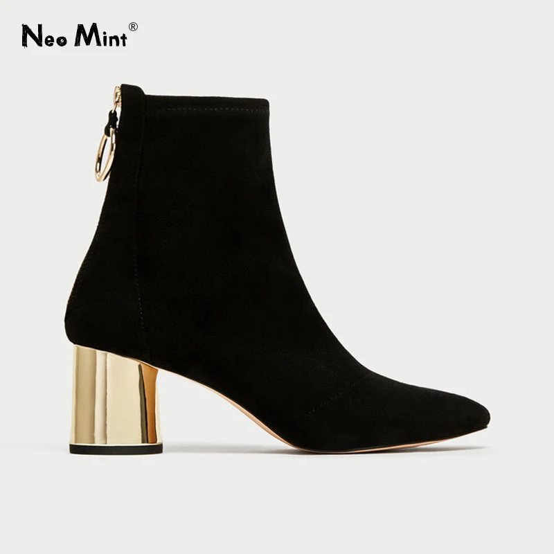 2019 Autumn Stretch Fabric Sock Boots Gold Ring Women Boots 6cm Chunky Heels Ankle Boots for Women Suede Shoes Woman Booties