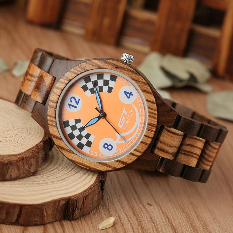 Men's Watches GT Watch Unique Black and white Plaid Pattern Quartz Full Wooden Watch Clock Male Casual Natural Wood Luxury Clock