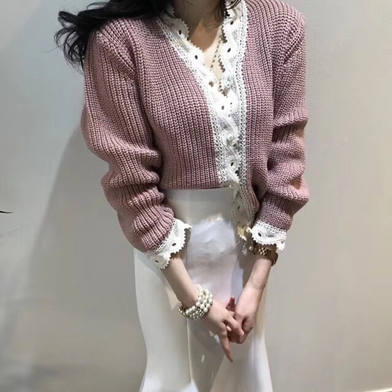 TWOTWINSTYLE вязаный женский свитер длинный рукав пэчворк кружева кардиганы для женщин корейская мода женская осенняя одежда 2018