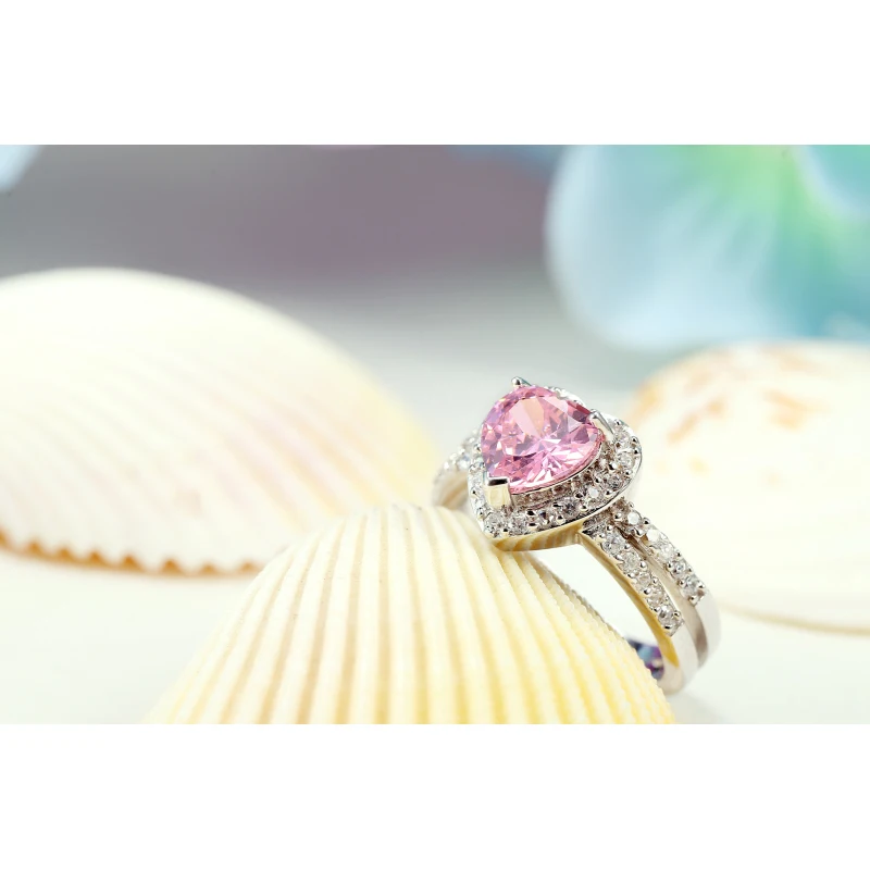 Solid 925 Sterling Silver Heart Women Rings Pink Crystal Fine Wedding jewellery Lab Diamond Ring Valentine's gift dropshipping