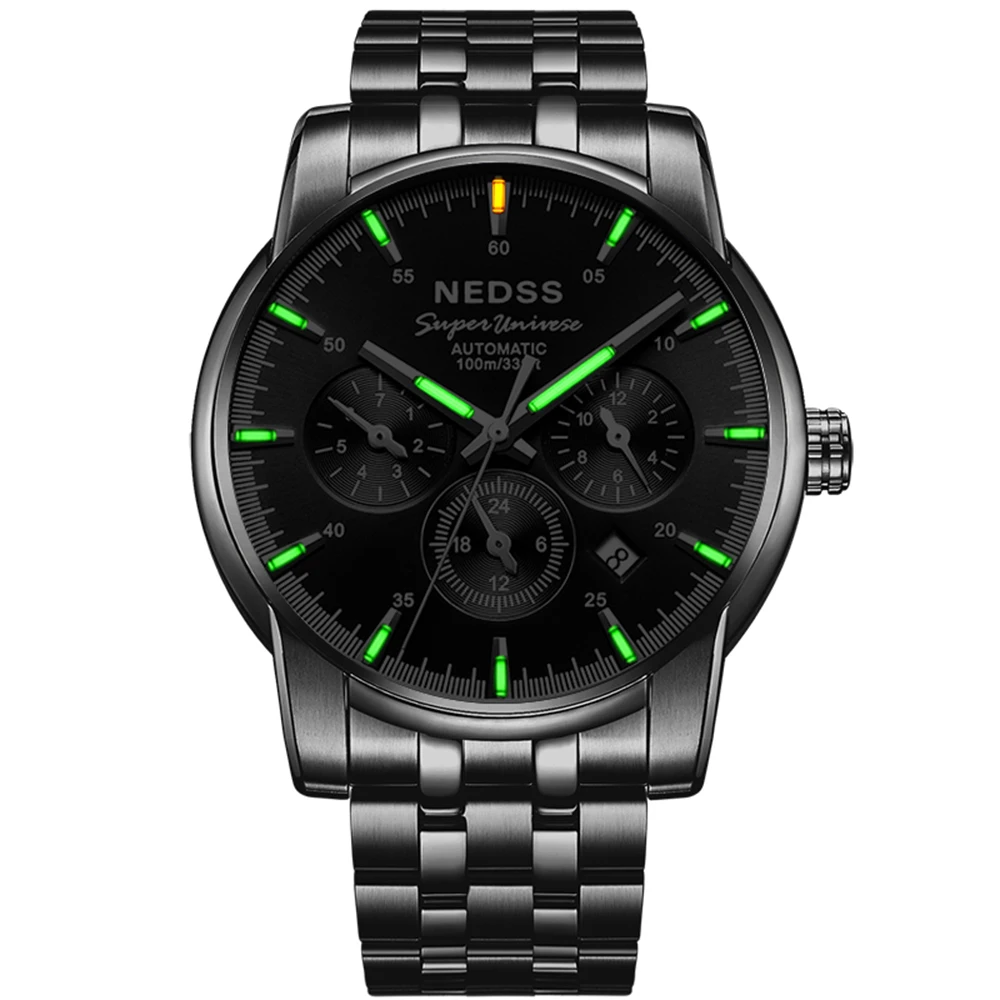 

NEDSS Swiss H3 Tritium Mechanical Watches fashion Automatic watch month Week Display sapphire crystal Luminous 100M waterproof