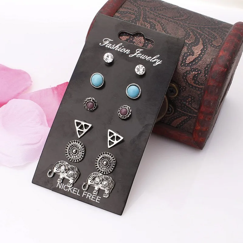 

M MISM Korean Style 6 Pairs/Set Vintage Earrings Crystal Stud Pearl Earrings Women Geometric Boucle D'Oreille Elephant Jewelry