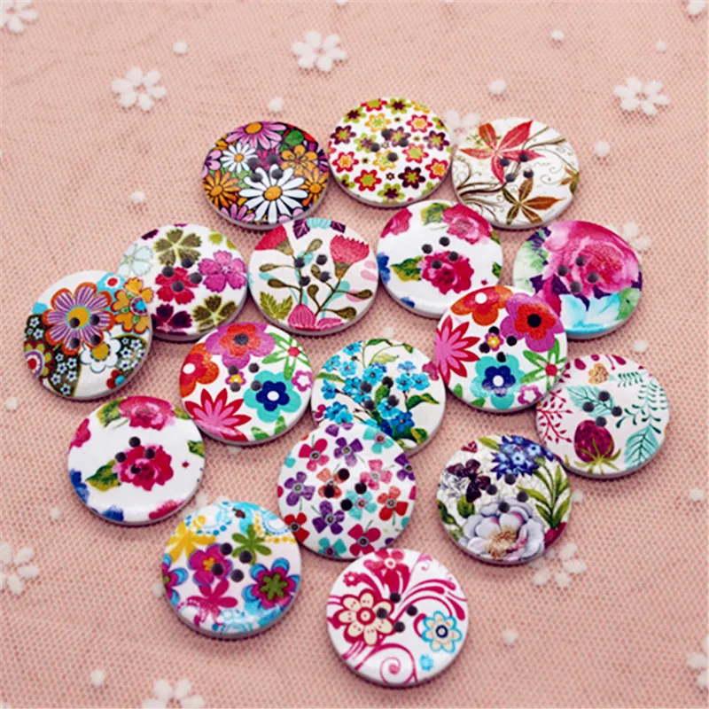25MM 30pcs Mix Patterns Fancy Flower Painted Wood Round Button Sewing