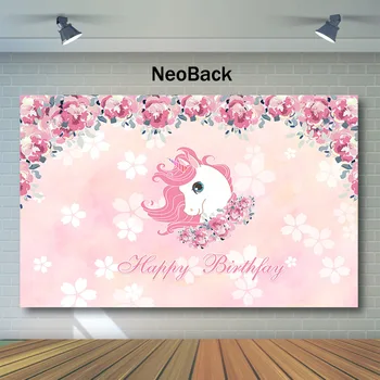 

NeoBack Cartoon Unicorn Happy Birthday Background For Photo Pink Flowers Unicorn Backdrop Baby Shower Photo Background Banner