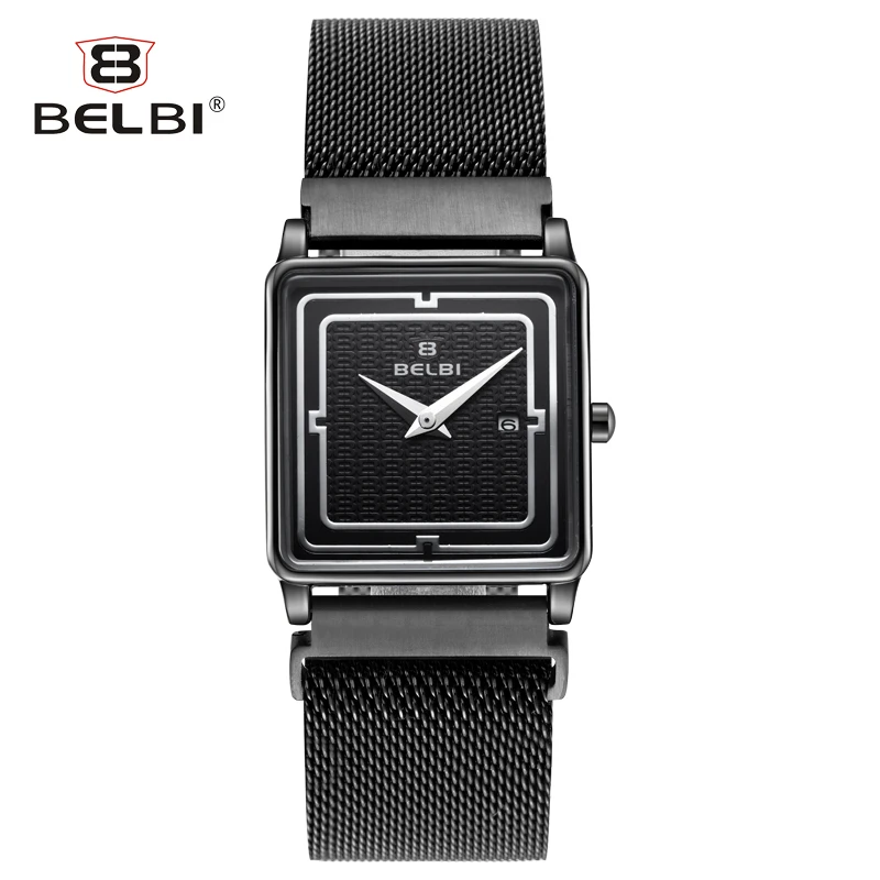 Kopen BELBI Mode Dames Horloges Rechthoek Dial Vrouwen Polshorloge Comfortabele Stalen Band met Gratis Passen Magnetische Gesp Klok