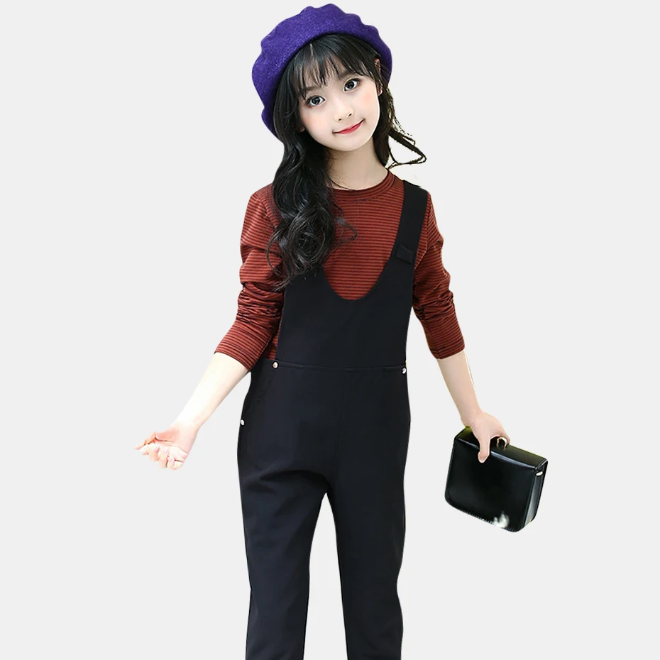 

Girls Clothes Set Striped Shirt+Jumpsuit 2 Pcs Autumn Suit For Girls Casual Kids Clothes Winter Girl Clothing For Teen 6 8 12 Y