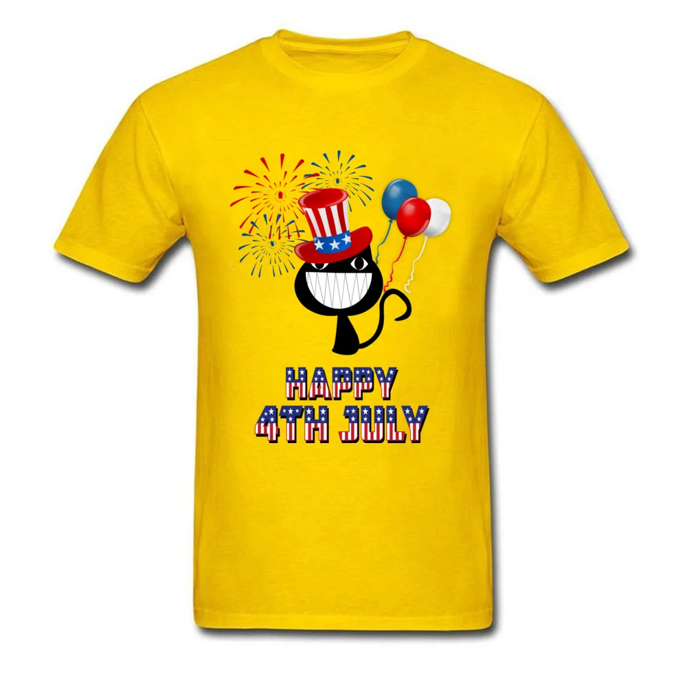Family comfortable Round Collar Tshirts Summer Tops Tees Short Sleeve for Adult Discount 100% Cotton Camisa Top T-shirts Happy 4th of July Cat Independence Day yellow