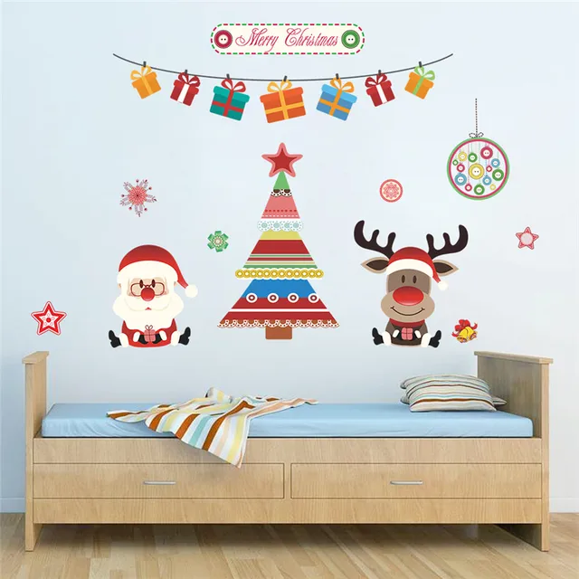 % Christmas Decoration Tree Deer Santa Claus Wall Stickers Store Window Wall Decals New Year Gift Home Decor Mural Poster