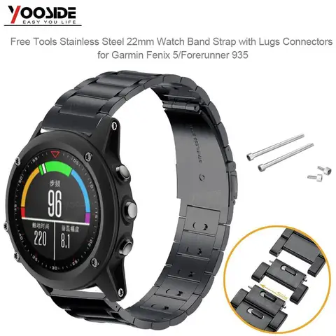 Pulseira de Relógio com Talões Conectores para Garmin Ferramentas Livres Fácil Ajustável Metal Aço Inoxidável 22mm Fenix 5 – Forerunner 935