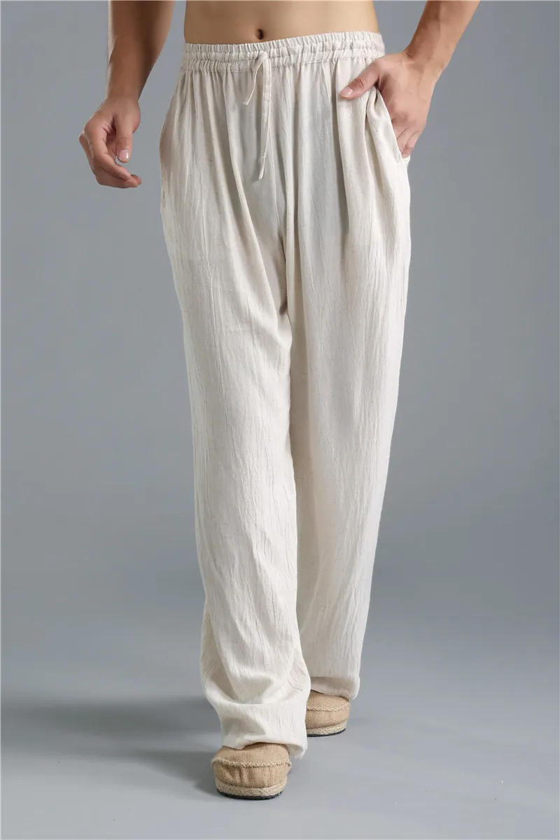 Hisenky летние тонкие дышащие и мягкие хлопковые льняные мужские повседневные штаны с эластичной резинкой на талии, натуральные льняные прямые брюки