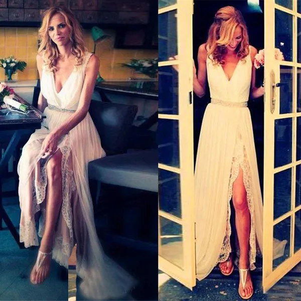 V Neck A-Line Split Side Sweep Train Beach Wedding Dresses Open Back Bridal Gowns Chiffon Lace Spring Bohemian Wedding Dress