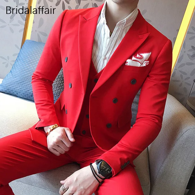 Kuson Latest Coat Pant Designs Red Men Suit Set Slim Fit 3pcs Tuxedo ...