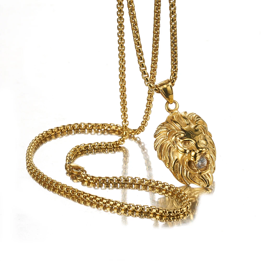 

Hip Hop Punk Stainless Steel Gold Color 3D Crystal Lion Head Pendant Box Link Chain Necklace Men's Boy's Jewelry Christmas Gift
