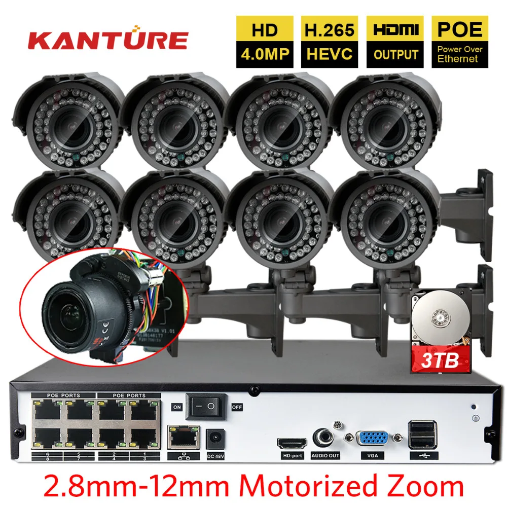 

H.265 8CH 4MP POE NVR System 48V 8pcs 4.0MP 2.8-12mm Motorized Zoom Focus Lens waterproof IP cameras Video Surveillance kit 2TB