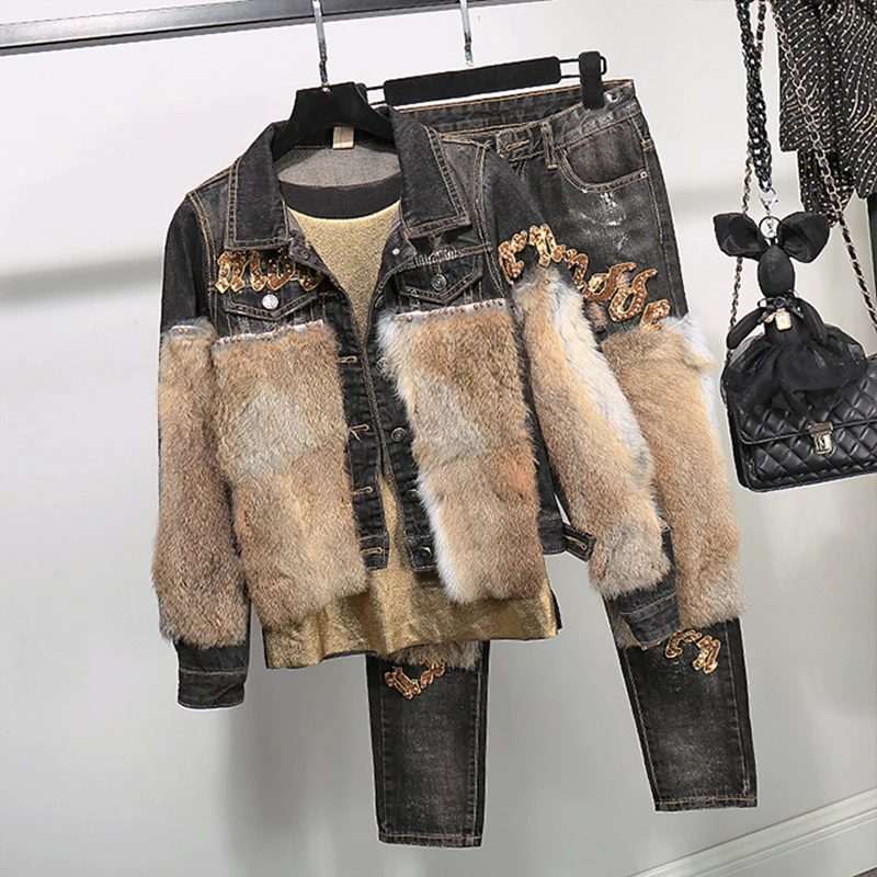 

Fashion 2 piece set women Jeans Set Real Rabbit Hair Jeans Suit Warm Two-piece Suit for Women Winter Short Jacket + Denim Pants