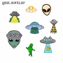 Joyería QIHE alienígena y ovni esmalte colección de Pins espacio ultraterrestre Pines de solapa Alien verde insignias broches para Geeks/él/ella