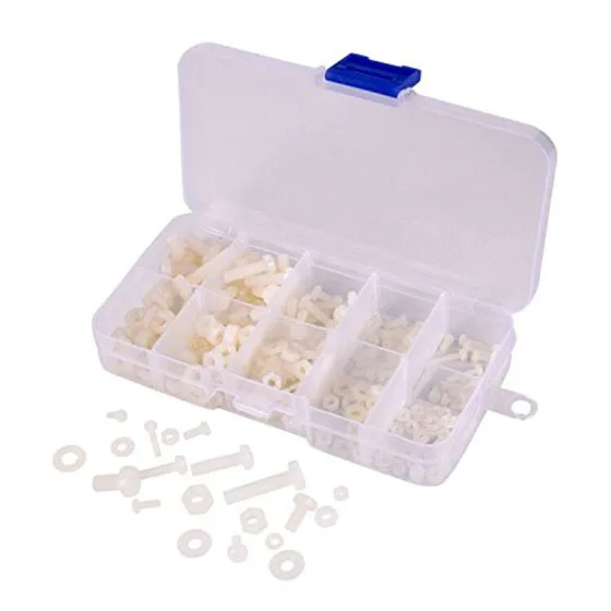 

M2 M2.5 M3 M4 M5 (Total 270pcs) Nylon Screw / Nut / Washer Assortment Kit Come with Plastic Box,white