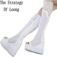 Танкетка толстый каблук платформа кружево черный белый летние женские ботинки с высоким голенищем вырезы на колене открытый носок женские сапоги 34–39 SXQ 0430